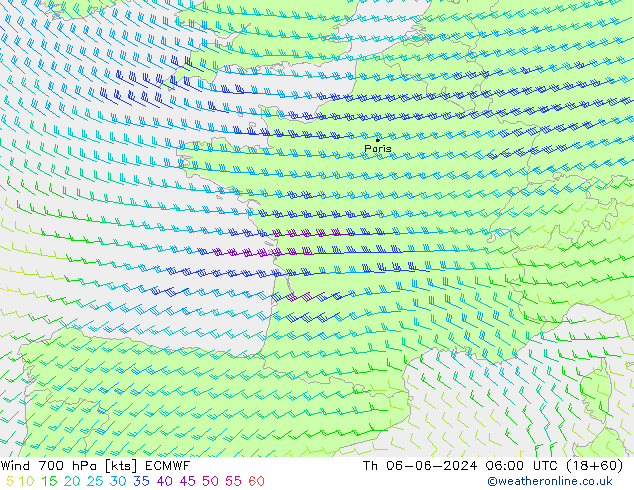 Wind 700 hPa ECMWF Čt 06.06.2024 06 UTC