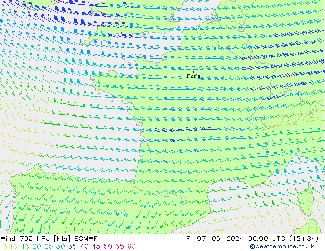 Viento 700 hPa ECMWF vie 07.06.2024 06 UTC