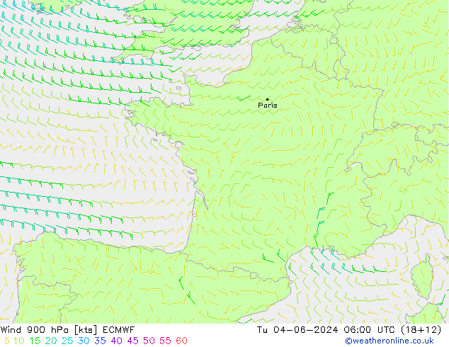 Wind 900 hPa ECMWF Di 04.06.2024 06 UTC