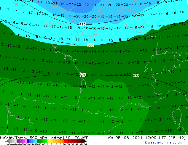 Height/Temp. 500 hPa ECMWF St 05.06.2024 12 UTC