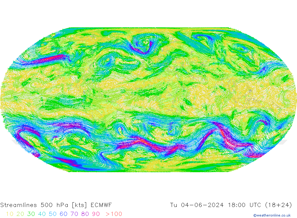 Linia prądu 500 hPa ECMWF wto. 04.06.2024 18 UTC