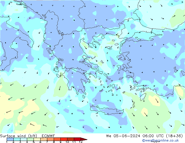 Vento 10 m (bft) ECMWF Qua 05.06.2024 06 UTC