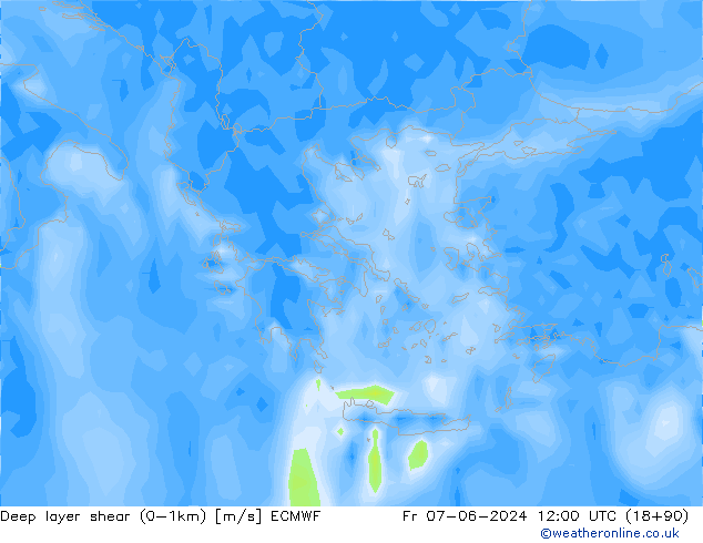 Deep layer shear (0-1km) ECMWF ven 07.06.2024 12 UTC