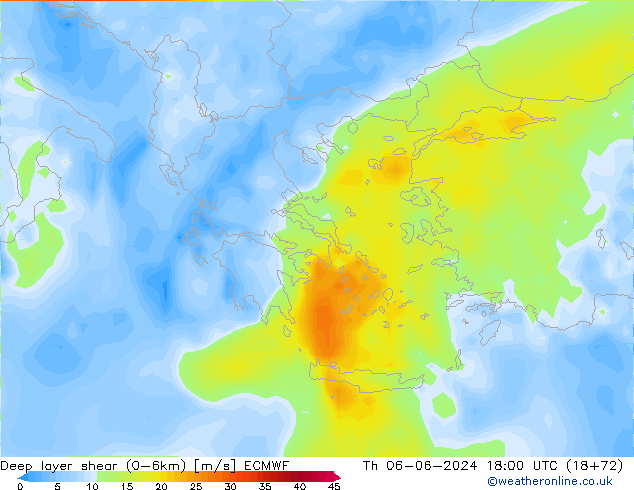 Deep layer shear (0-6km) ECMWF  06.06.2024 18 UTC