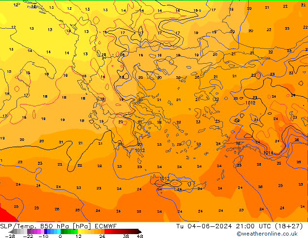 SLP/Temp. 850 hPa ECMWF Tu 04.06.2024 21 UTC