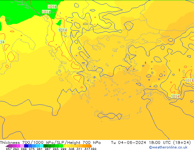 Thck 700-1000 гПа ECMWF вт 04.06.2024 18 UTC