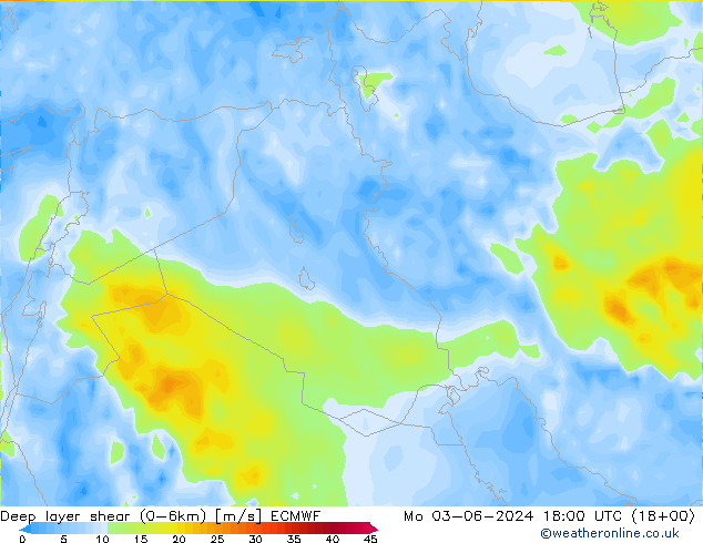 Deep layer shear (0-6km) ECMWF Mo 03.06.2024 18 UTC