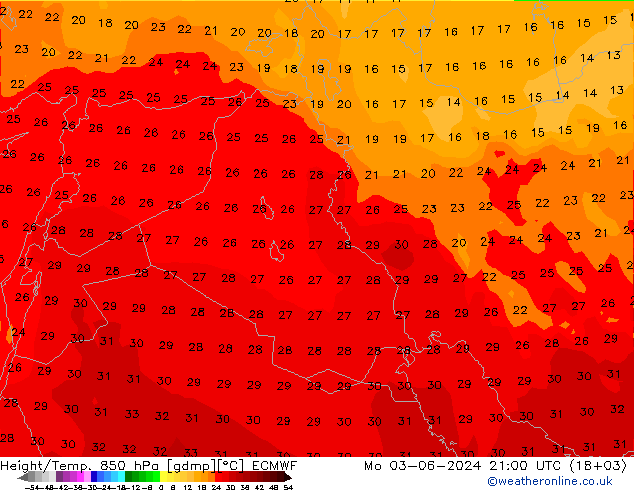 Height/Temp. 850 hPa ECMWF Mo 03.06.2024 21 UTC