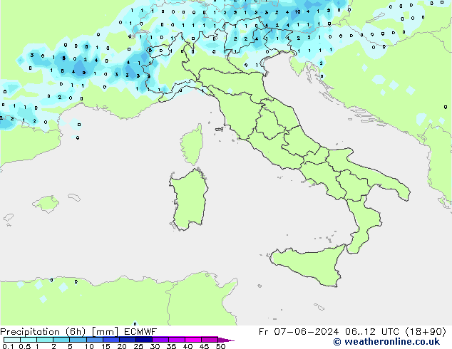 Precipitation (6h) ECMWF Pá 07.06.2024 12 UTC