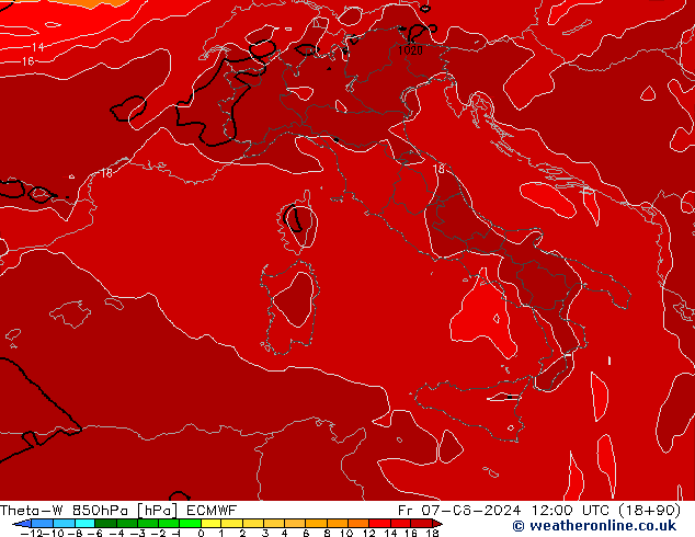 Theta-W 850hPa ECMWF Pá 07.06.2024 12 UTC