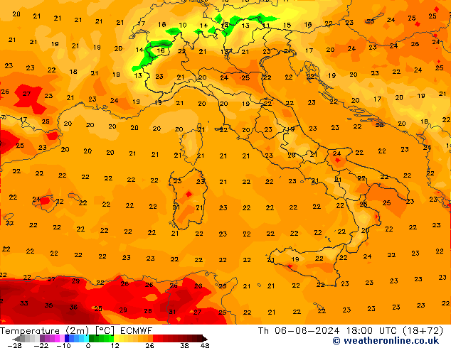 Temperature (2m) ECMWF Th 06.06.2024 18 UTC