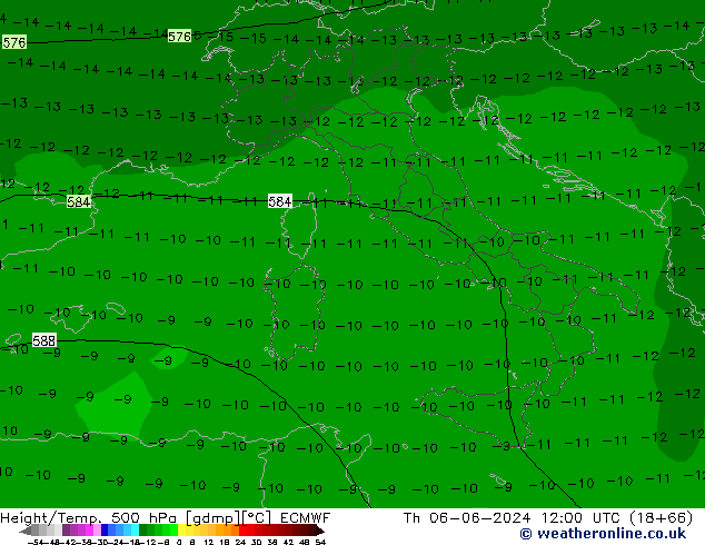 Height/Temp. 500 hPa ECMWF czw. 06.06.2024 12 UTC