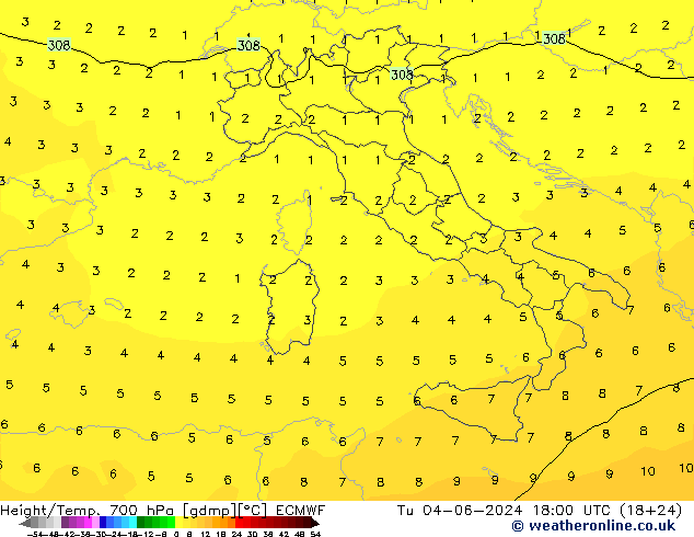 Hoogte/Temp. 700 hPa ECMWF di 04.06.2024 18 UTC