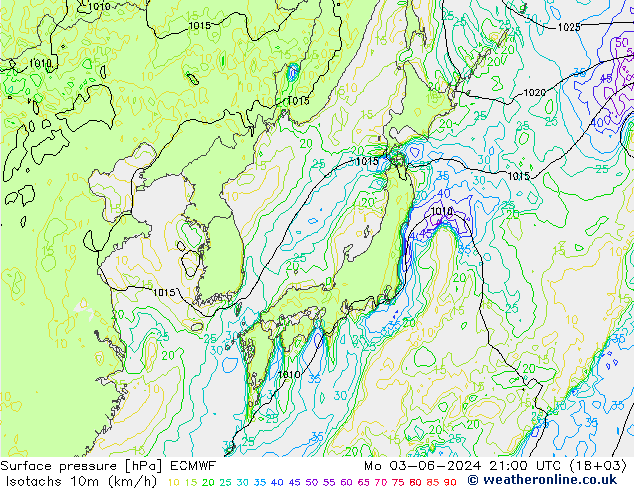 Izotacha (km/godz) ECMWF pon. 03.06.2024 21 UTC