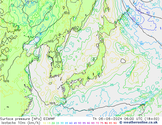 Isotaca (kph) ECMWF jue 06.06.2024 06 UTC