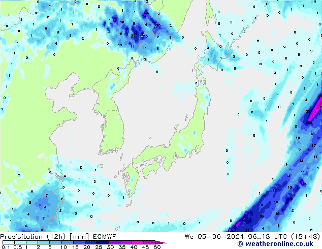 Totale neerslag (12h) ECMWF wo 05.06.2024 18 UTC