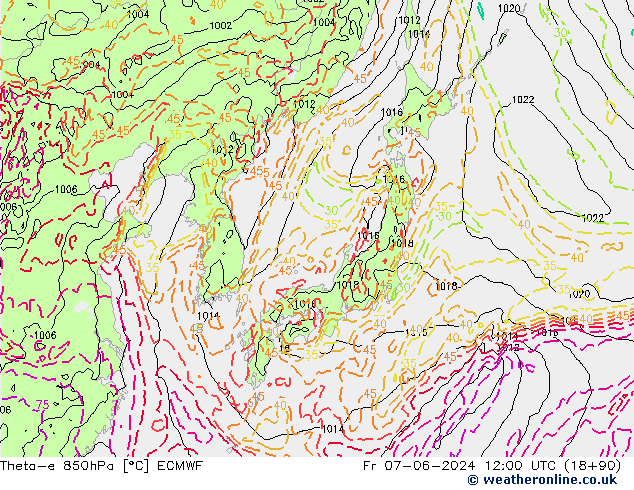 Theta-e 850hPa ECMWF Fr 07.06.2024 12 UTC