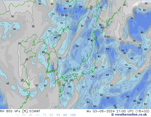 RH 850 hPa ECMWF pon. 03.06.2024 21 UTC