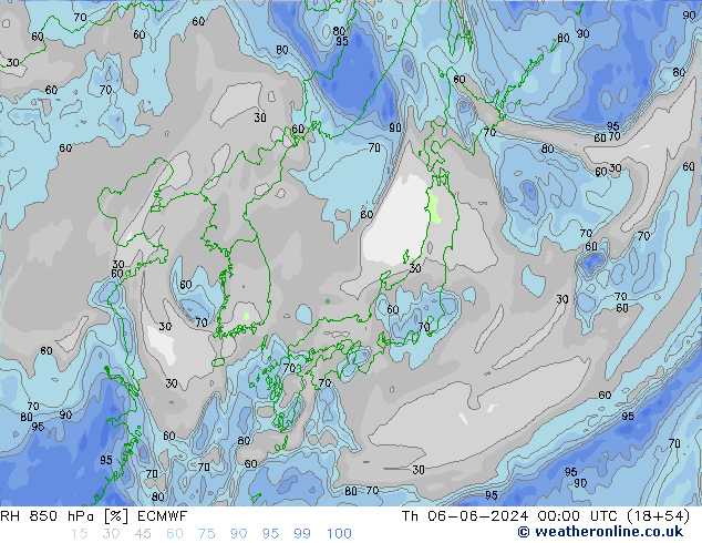 RH 850 hPa ECMWF Th 06.06.2024 00 UTC