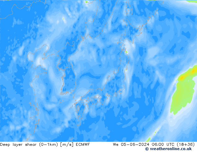 Deep layer shear (0-1km) ECMWF We 05.06.2024 06 UTC