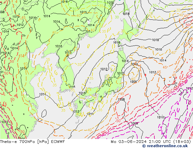 Theta-e 700hPa ECMWF pon. 03.06.2024 21 UTC