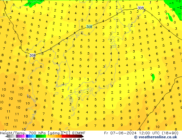 Height/Temp. 700 hPa ECMWF Fr 07.06.2024 12 UTC