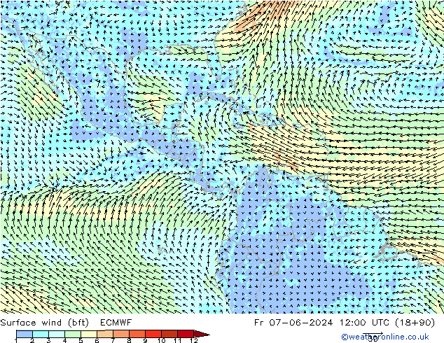 wiatr 10 m (bft) ECMWF pt. 07.06.2024 12 UTC