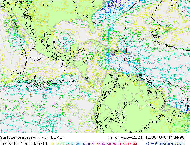 Eşrüzgar Hızları (km/sa) ECMWF Cu 07.06.2024 12 UTC