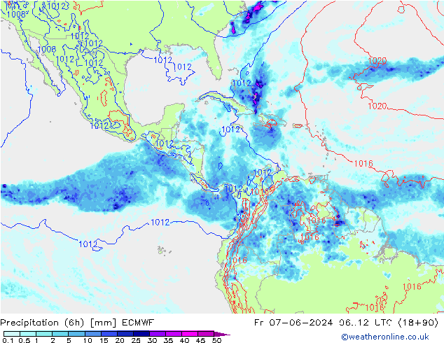Totale neerslag (6h) ECMWF vr 07.06.2024 12 UTC