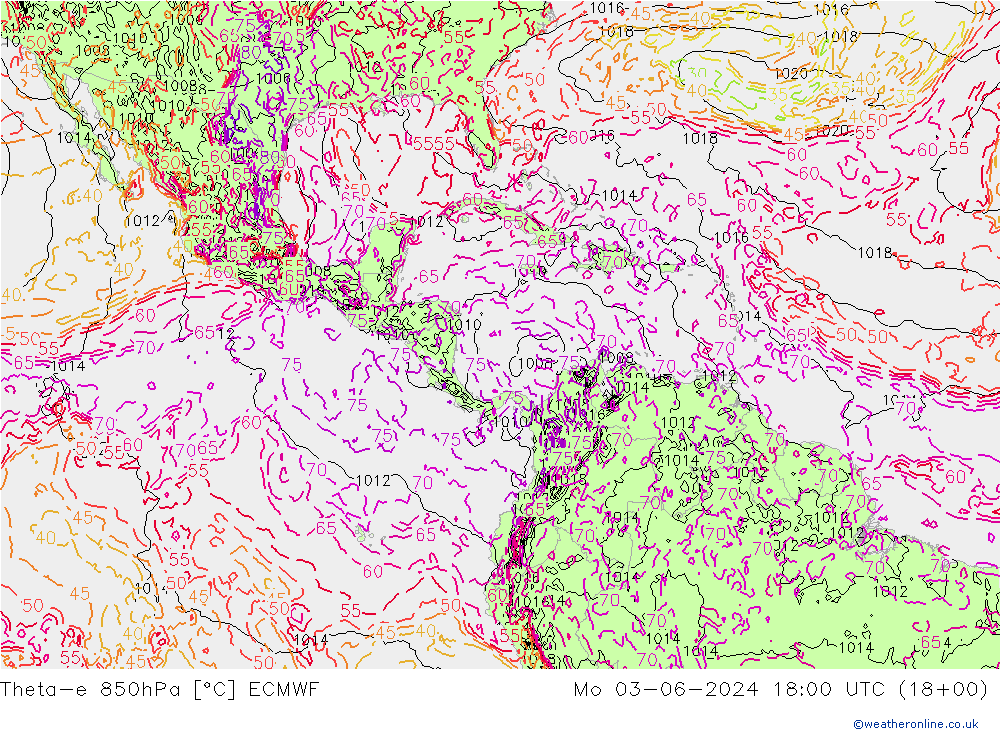 Theta-e 850hPa ECMWF ma 03.06.2024 18 UTC