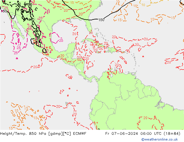 Hoogte/Temp. 850 hPa ECMWF vr 07.06.2024 06 UTC