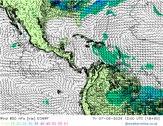 Viento 850 hPa ECMWF vie 07.06.2024 12 UTC