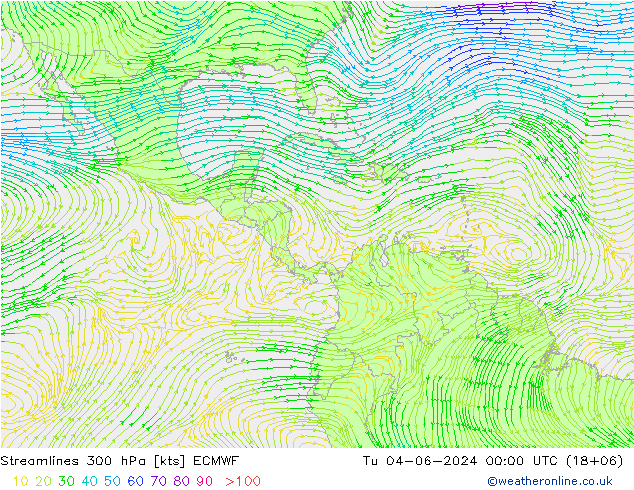 Línea de corriente 300 hPa ECMWF mar 04.06.2024 00 UTC