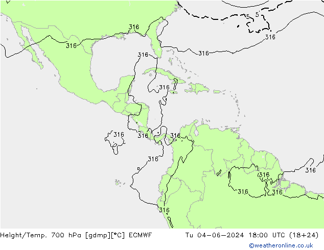 Height/Temp. 700 hPa ECMWF Ter 04.06.2024 18 UTC