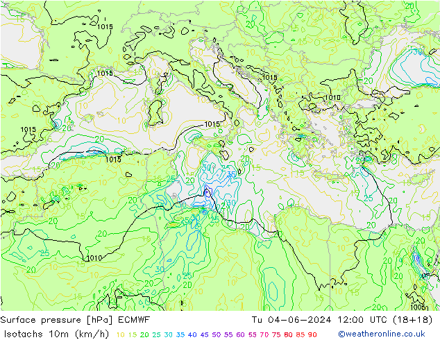 Eşrüzgar Hızları (km/sa) ECMWF Sa 04.06.2024 12 UTC