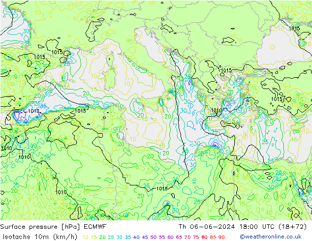 Isotachs (kph) ECMWF Th 06.06.2024 18 UTC