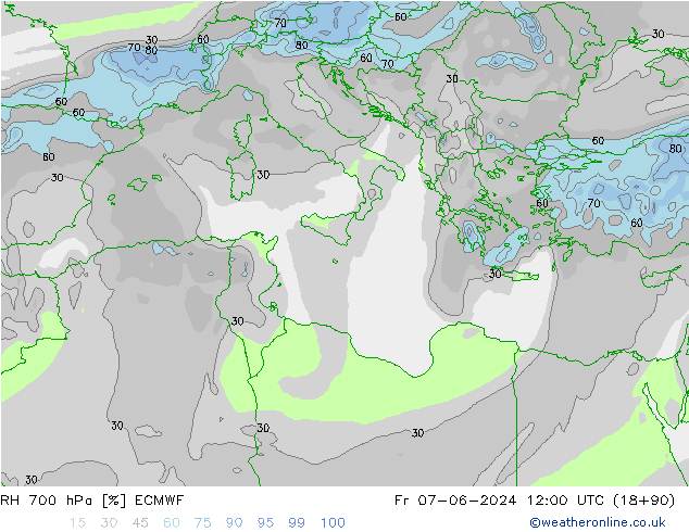 Humedad rel. 700hPa ECMWF vie 07.06.2024 12 UTC