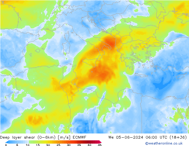 Deep layer shear (0-6km) ECMWF wo 05.06.2024 06 UTC