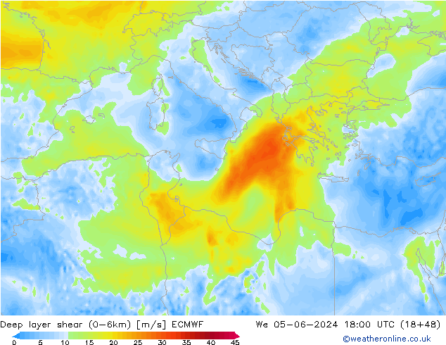 Deep layer shear (0-6km) ECMWF wo 05.06.2024 18 UTC