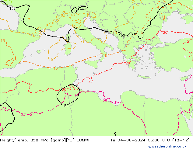 Hoogte/Temp. 850 hPa ECMWF di 04.06.2024 06 UTC