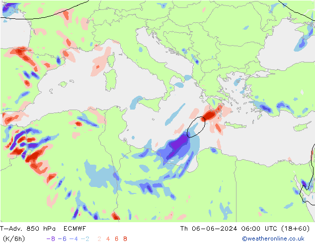 T-Adv. 850 hPa ECMWF czw. 06.06.2024 06 UTC