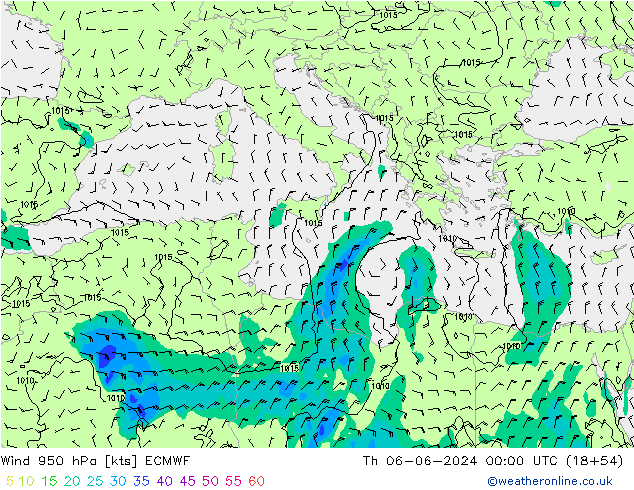 Wind 950 hPa ECMWF Čt 06.06.2024 00 UTC