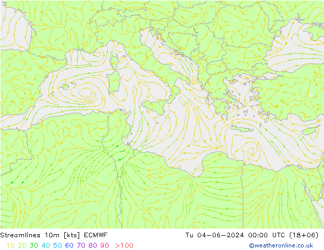 Streamlines 10m ECMWF Tu 04.06.2024 00 UTC