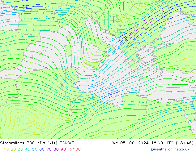 Streamlines 300 hPa ECMWF We 05.06.2024 18 UTC