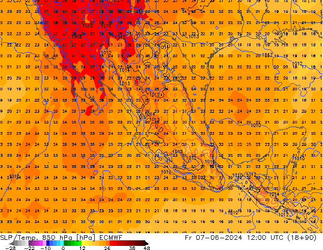 SLP/Temp. 850 hPa ECMWF vie 07.06.2024 12 UTC