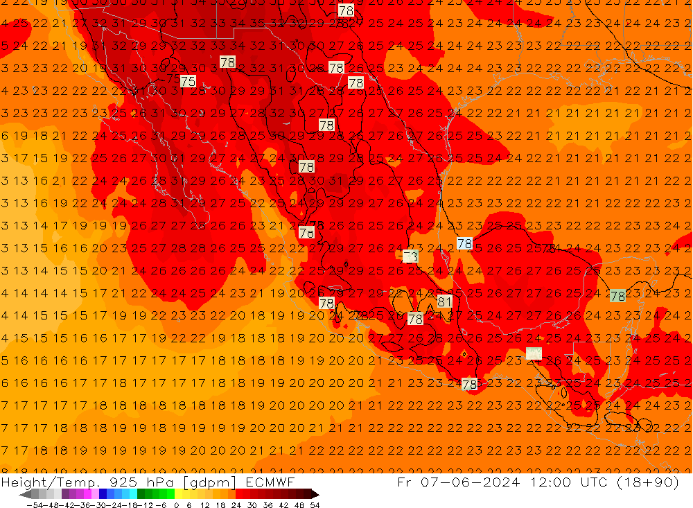 Geop./Temp. 925 hPa ECMWF vie 07.06.2024 12 UTC