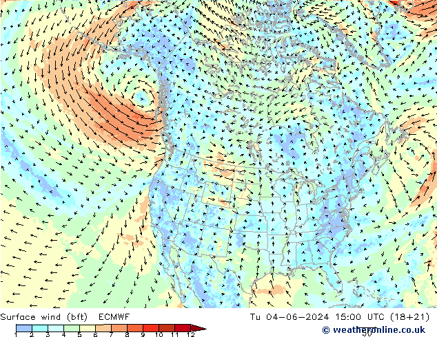 �N 10 米 (bft) ECMWF 星期二 04.06.2024 15 UTC