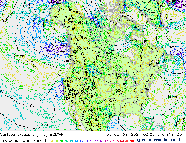 Isotachs (kph) ECMWF Qua 05.06.2024 03 UTC