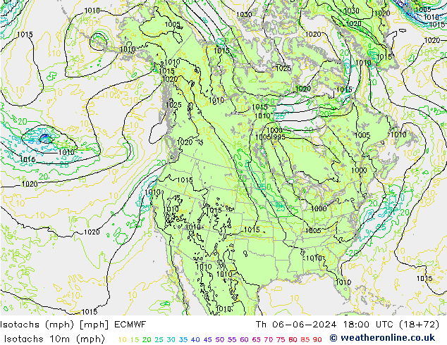 Izotacha (mph) ECMWF czw. 06.06.2024 18 UTC