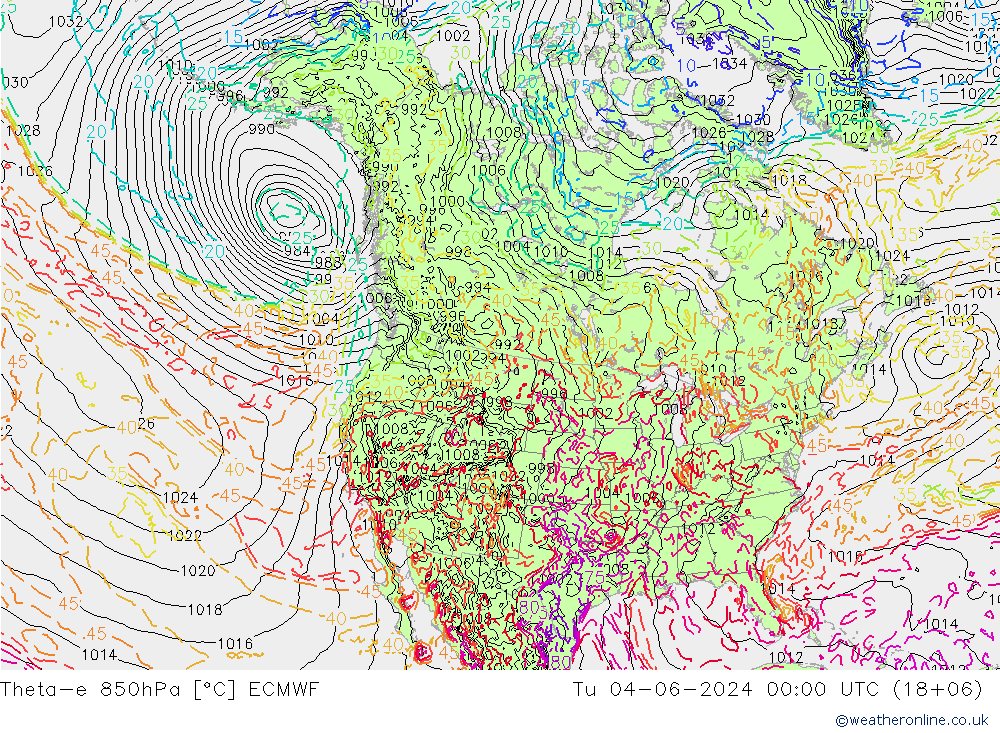 Theta-e 850hPa ECMWF Tu 04.06.2024 00 UTC